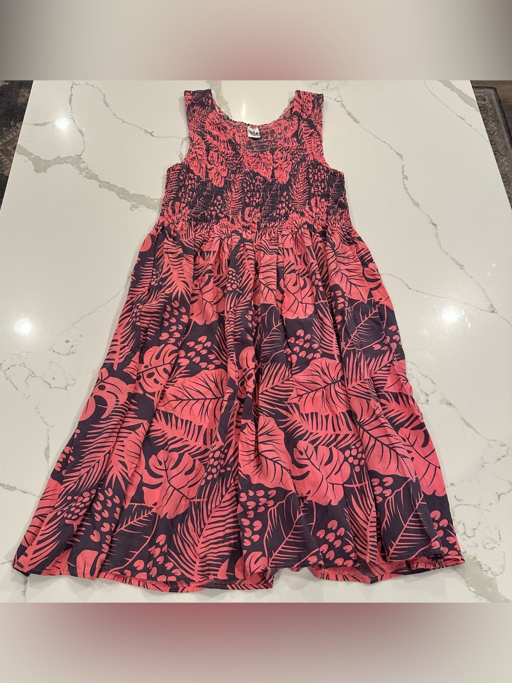 VTG Pineapple Isle Pink Tropical Floral Smocked Midi Sun Dress Hawaiian Rayon OS